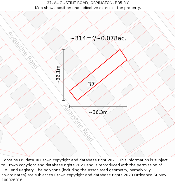 37, AUGUSTINE ROAD, ORPINGTON, BR5 3JY: Plot and title map