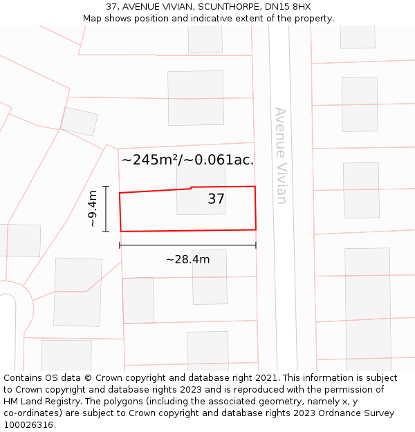 37, AVENUE VIVIAN, SCUNTHORPE, DN15 8HX: Plot and title map