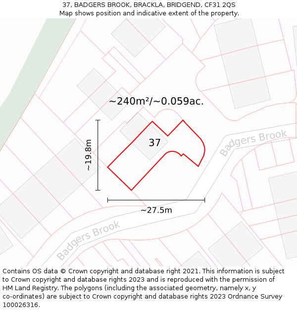 37, BADGERS BROOK, BRACKLA, BRIDGEND, CF31 2QS: Plot and title map