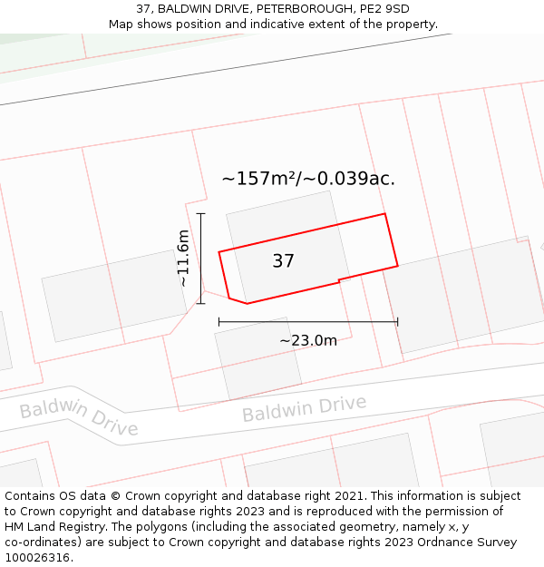 37, BALDWIN DRIVE, PETERBOROUGH, PE2 9SD: Plot and title map