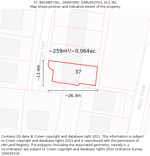 37, BALMER HILL, GAINFORD, DARLINGTON, DL2 3EL: Plot and title map