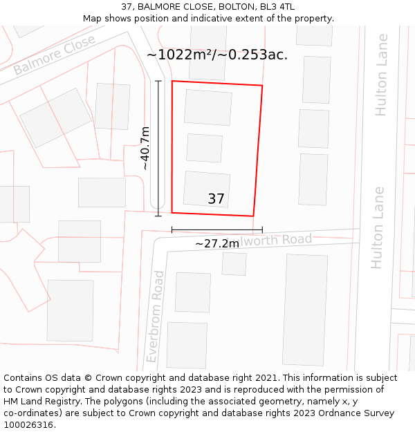 37, BALMORE CLOSE, BOLTON, BL3 4TL: Plot and title map