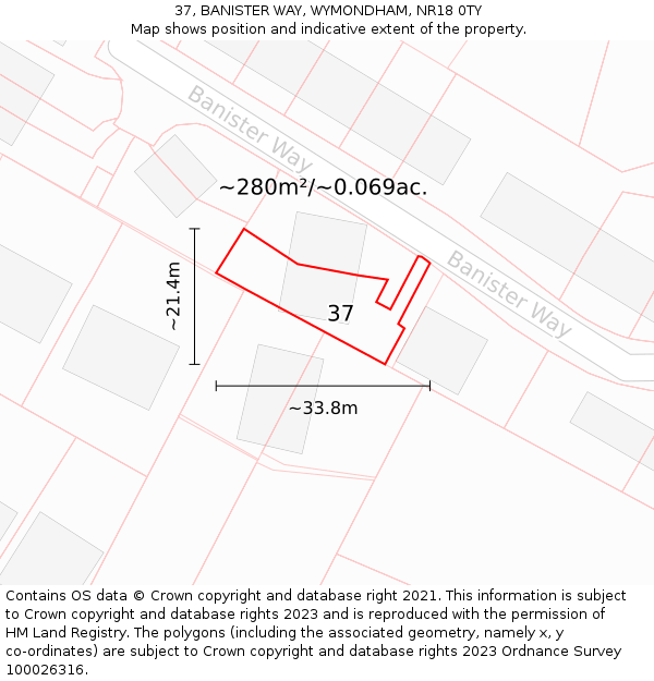 37, BANISTER WAY, WYMONDHAM, NR18 0TY: Plot and title map