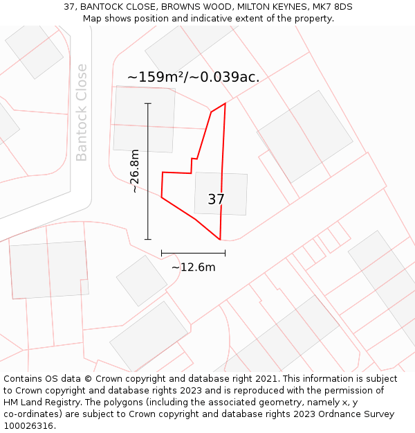 37, BANTOCK CLOSE, BROWNS WOOD, MILTON KEYNES, MK7 8DS: Plot and title map