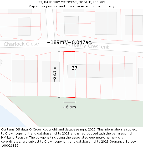 37, BARBERRY CRESCENT, BOOTLE, L30 7RS: Plot and title map