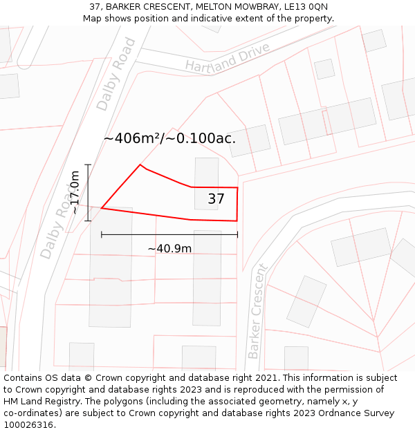 37, BARKER CRESCENT, MELTON MOWBRAY, LE13 0QN: Plot and title map