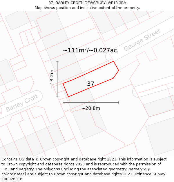 37, BARLEY CROFT, DEWSBURY, WF13 3RA: Plot and title map