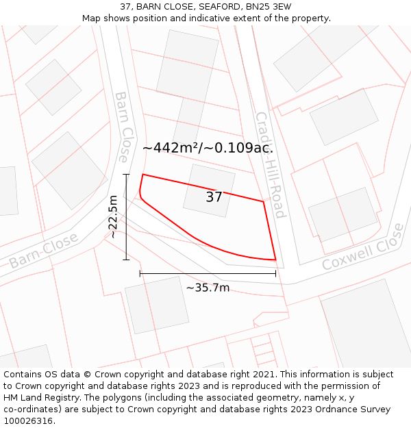 37, BARN CLOSE, SEAFORD, BN25 3EW: Plot and title map