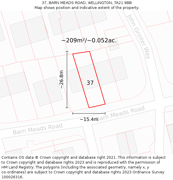 37, BARN MEADS ROAD, WELLINGTON, TA21 9BB: Plot and title map