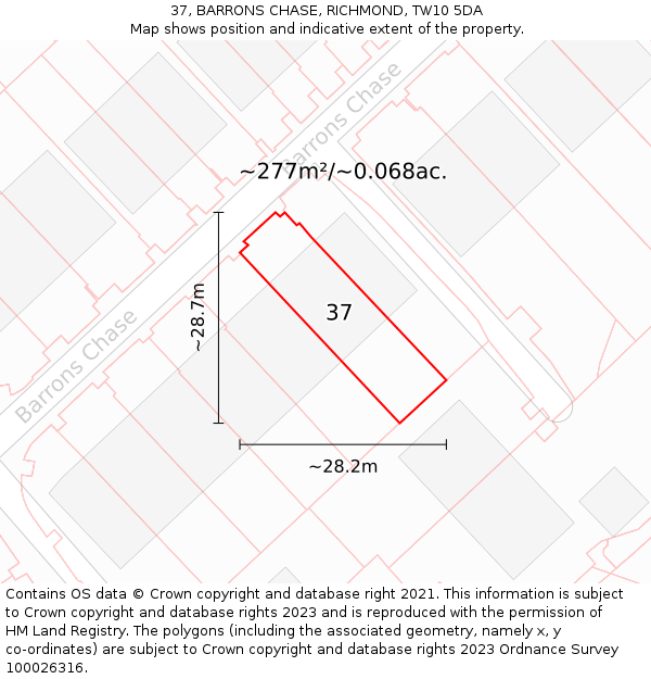 37, BARRONS CHASE, RICHMOND, TW10 5DA: Plot and title map