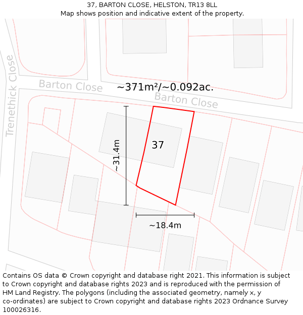 37, BARTON CLOSE, HELSTON, TR13 8LL: Plot and title map