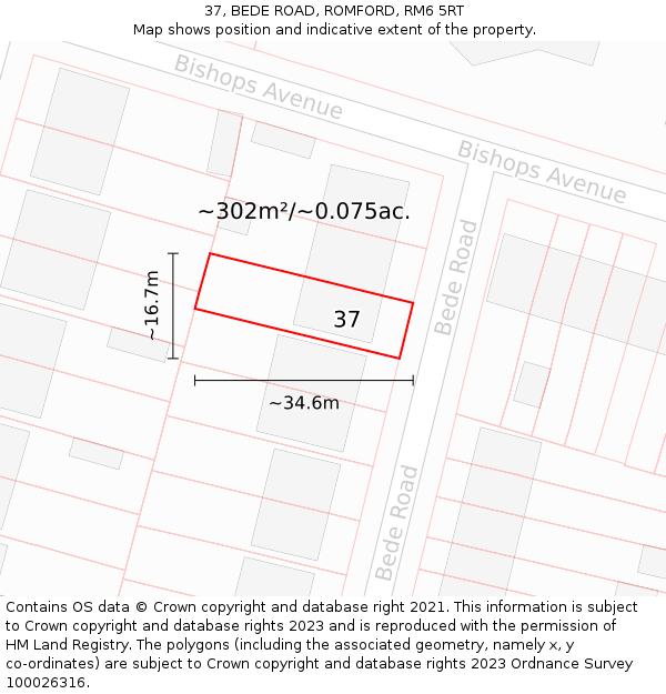 37, BEDE ROAD, ROMFORD, RM6 5RT: Plot and title map