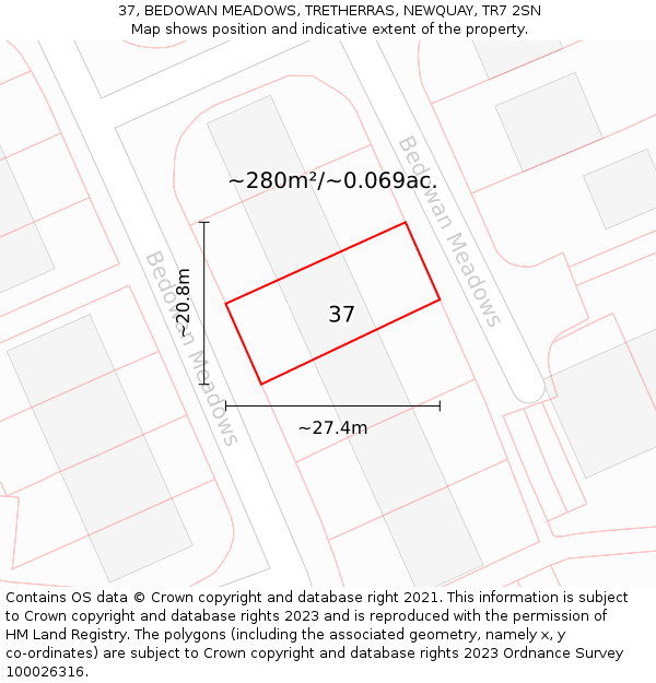 37, BEDOWAN MEADOWS, TRETHERRAS, NEWQUAY, TR7 2SN: Plot and title map