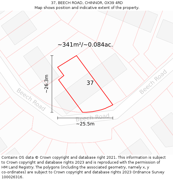 37, BEECH ROAD, CHINNOR, OX39 4RD: Plot and title map