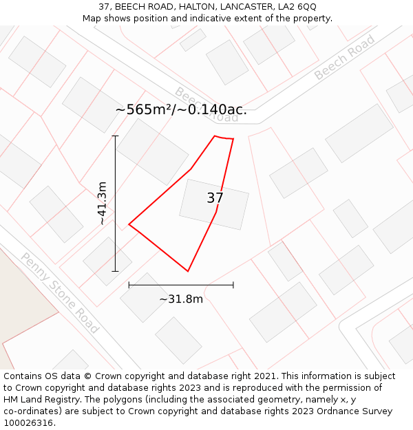 37, BEECH ROAD, HALTON, LANCASTER, LA2 6QQ: Plot and title map