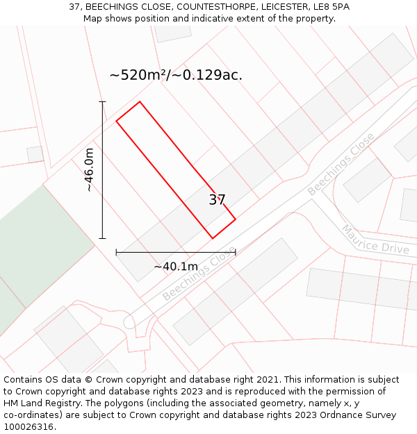 37, BEECHINGS CLOSE, COUNTESTHORPE, LEICESTER, LE8 5PA: Plot and title map