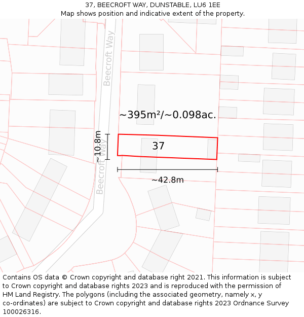 37, BEECROFT WAY, DUNSTABLE, LU6 1EE: Plot and title map