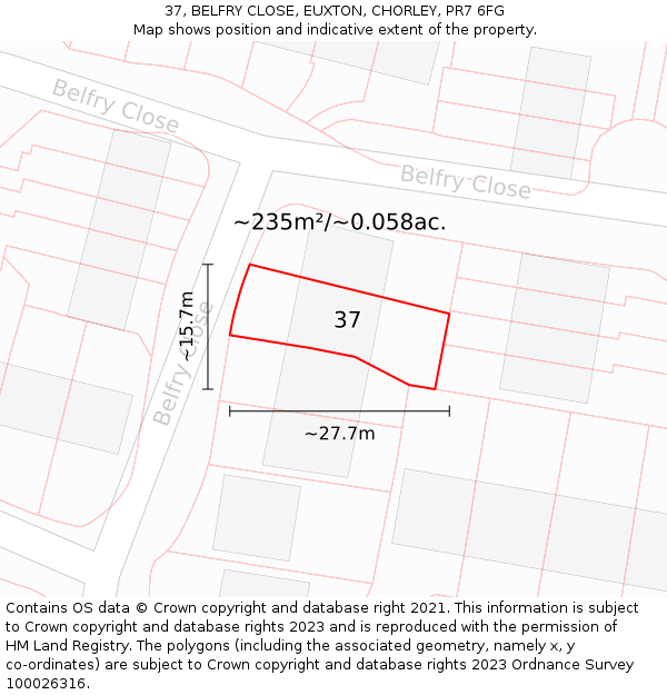 37, BELFRY CLOSE, EUXTON, CHORLEY, PR7 6FG: Plot and title map