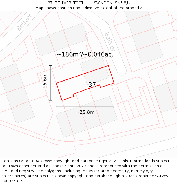 37, BELLVER, TOOTHILL, SWINDON, SN5 8JU: Plot and title map