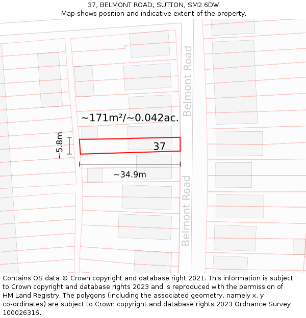 37, BELMONT ROAD, SUTTON, SM2 6DW: Plot and title map