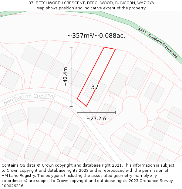 37, BETCHWORTH CRESCENT, BEECHWOOD, RUNCORN, WA7 2YA: Plot and title map