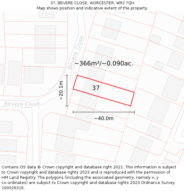 37, BEVERE CLOSE, WORCESTER, WR3 7QH: Plot and title map
