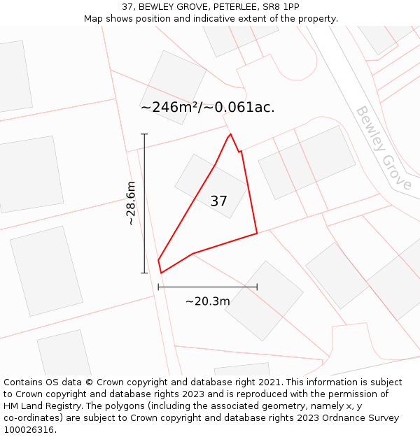37, BEWLEY GROVE, PETERLEE, SR8 1PP: Plot and title map