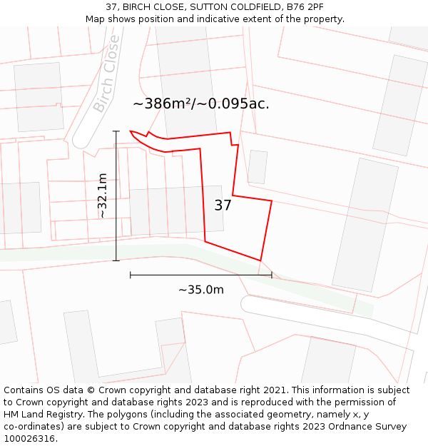 37, BIRCH CLOSE, SUTTON COLDFIELD, B76 2PF: Plot and title map