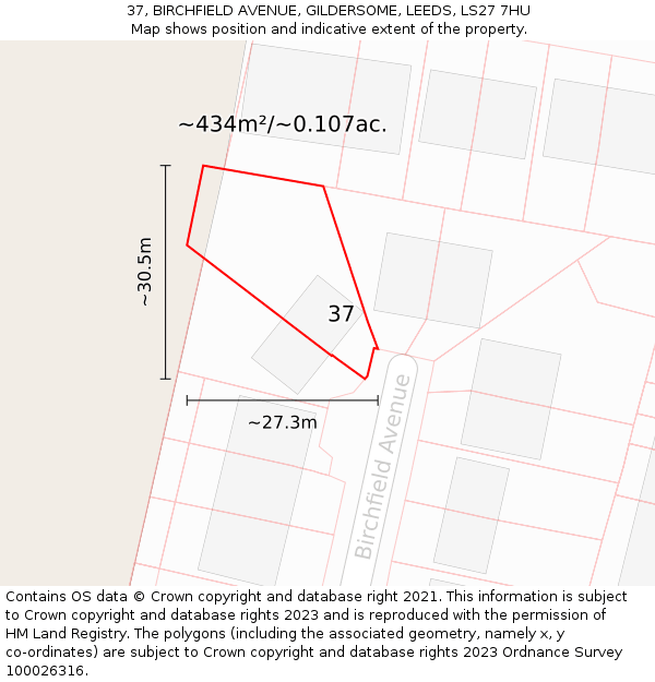 37, BIRCHFIELD AVENUE, GILDERSOME, LEEDS, LS27 7HU: Plot and title map