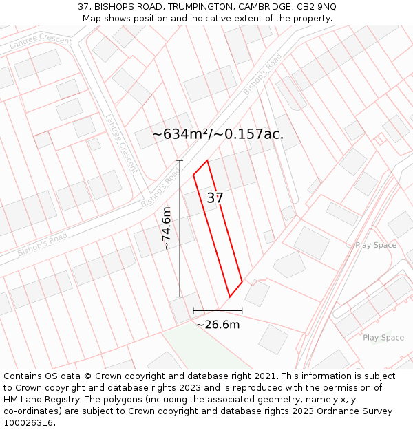 37, BISHOPS ROAD, TRUMPINGTON, CAMBRIDGE, CB2 9NQ: Plot and title map