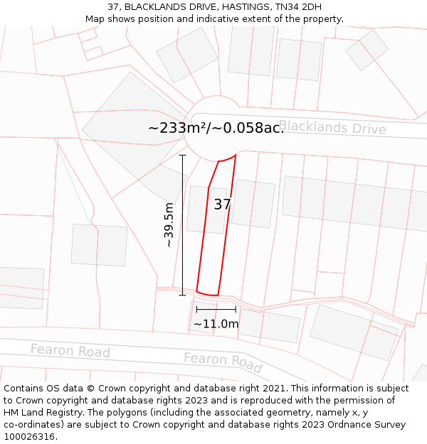 37, BLACKLANDS DRIVE, HASTINGS, TN34 2DH: Plot and title map