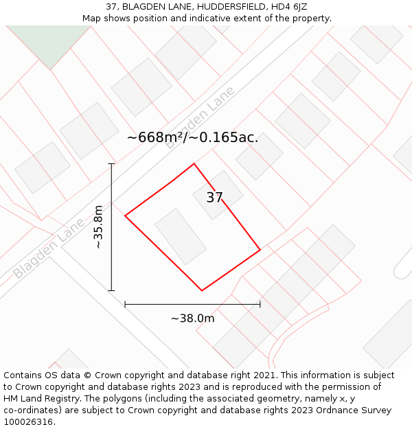 37, BLAGDEN LANE, HUDDERSFIELD, HD4 6JZ: Plot and title map