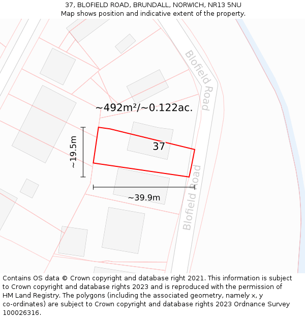 37, BLOFIELD ROAD, BRUNDALL, NORWICH, NR13 5NU: Plot and title map