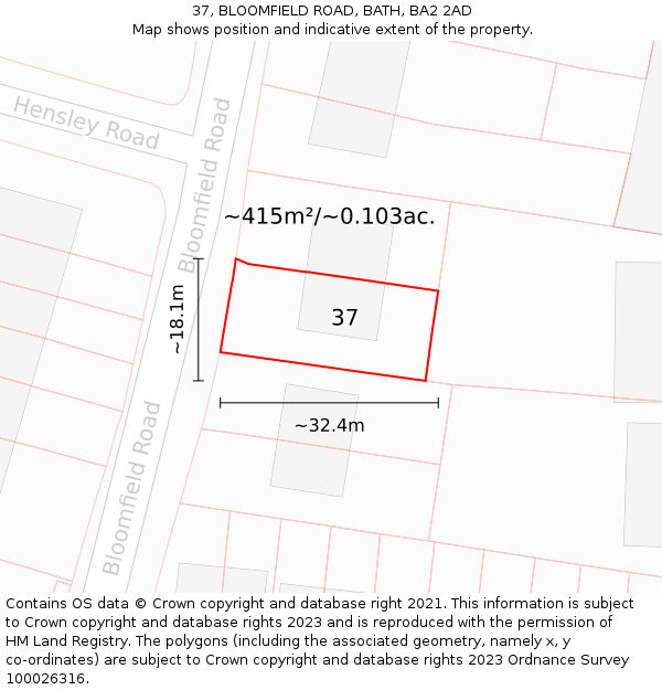 37, BLOOMFIELD ROAD, BATH, BA2 2AD: Plot and title map