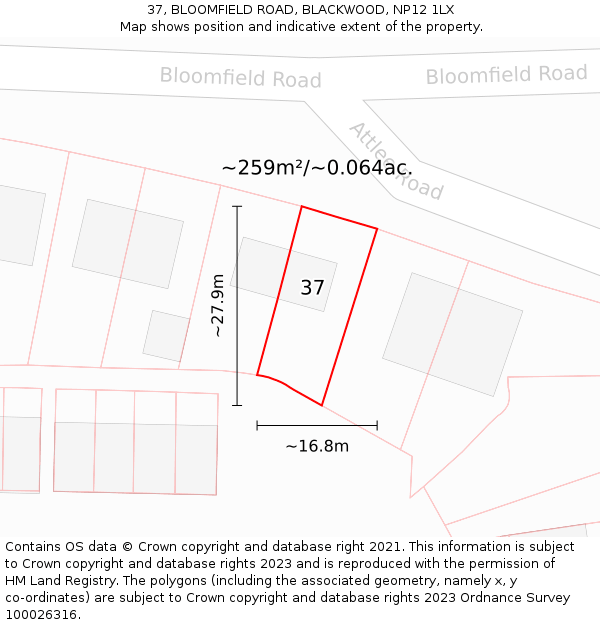 37, BLOOMFIELD ROAD, BLACKWOOD, NP12 1LX: Plot and title map