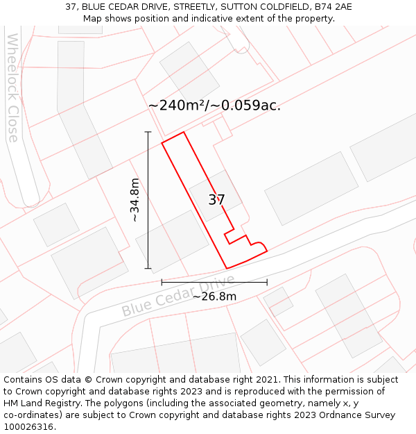 37, BLUE CEDAR DRIVE, STREETLY, SUTTON COLDFIELD, B74 2AE: Plot and title map