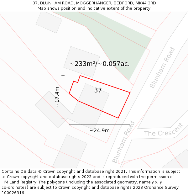 37, BLUNHAM ROAD, MOGGERHANGER, BEDFORD, MK44 3RD: Plot and title map