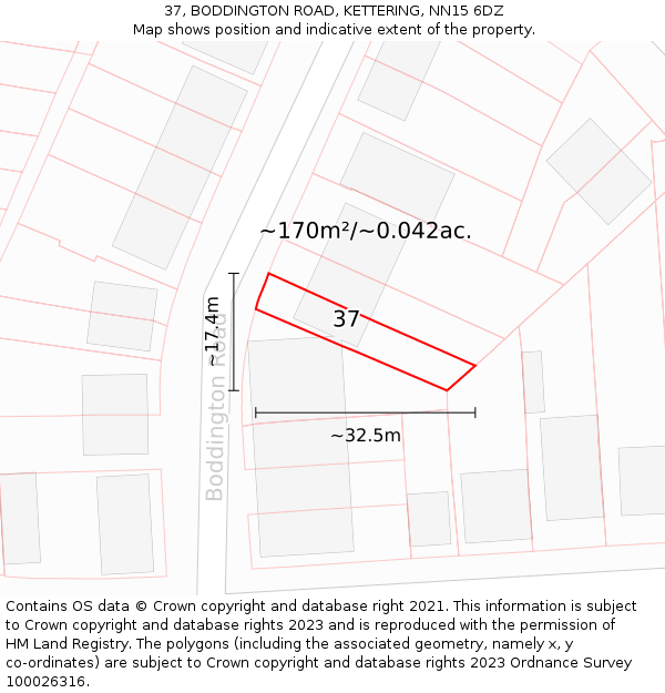 37, BODDINGTON ROAD, KETTERING, NN15 6DZ: Plot and title map
