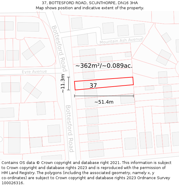 37, BOTTESFORD ROAD, SCUNTHORPE, DN16 3HA: Plot and title map