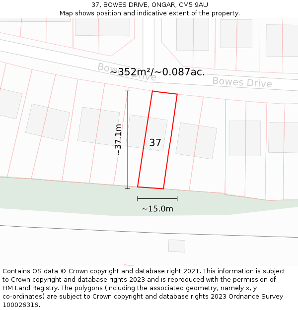 37, BOWES DRIVE, ONGAR, CM5 9AU: Plot and title map