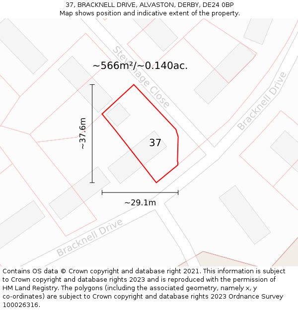 37, BRACKNELL DRIVE, ALVASTON, DERBY, DE24 0BP: Plot and title map