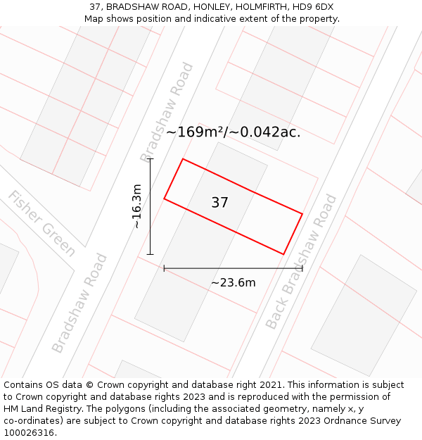 37, BRADSHAW ROAD, HONLEY, HOLMFIRTH, HD9 6DX: Plot and title map