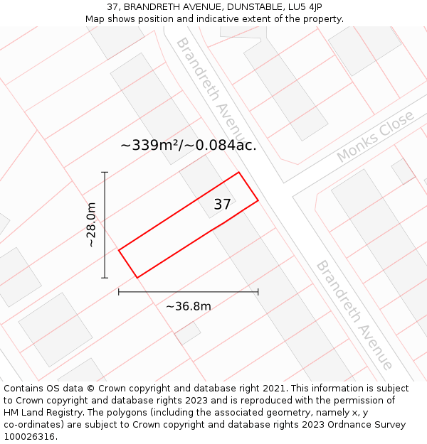 37, BRANDRETH AVENUE, DUNSTABLE, LU5 4JP: Plot and title map