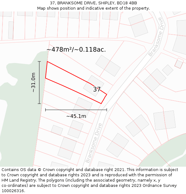 37, BRANKSOME DRIVE, SHIPLEY, BD18 4BB: Plot and title map