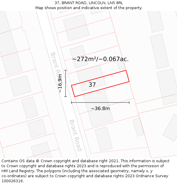 37, BRANT ROAD, LINCOLN, LN5 8RL: Plot and title map