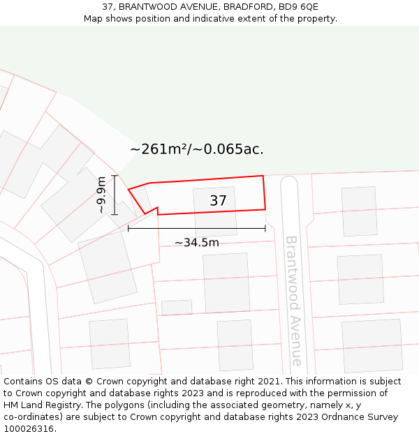 37, BRANTWOOD AVENUE, BRADFORD, BD9 6QE: Plot and title map