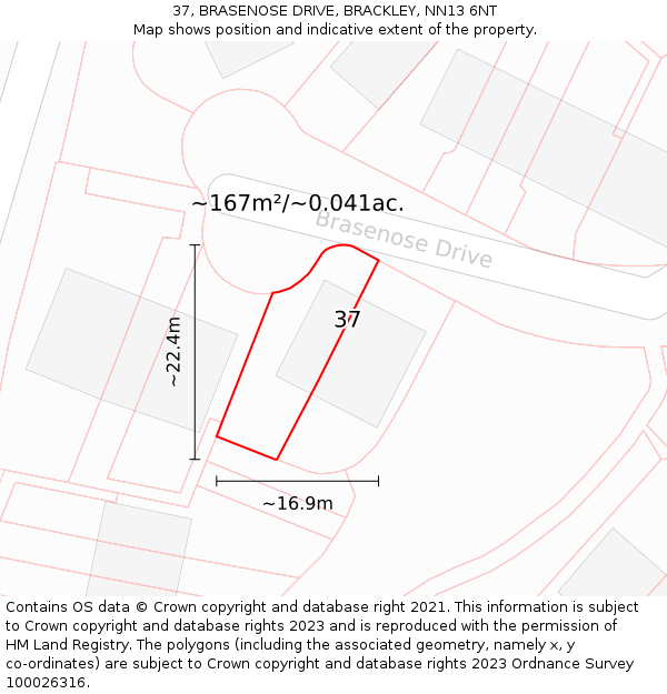 37, BRASENOSE DRIVE, BRACKLEY, NN13 6NT: Plot and title map