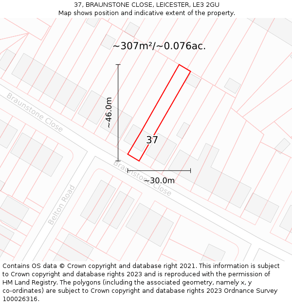 37, BRAUNSTONE CLOSE, LEICESTER, LE3 2GU: Plot and title map