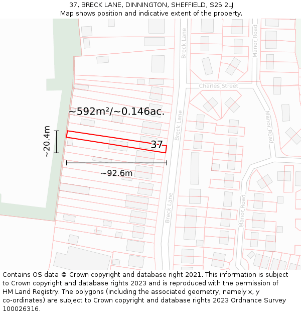 37, BRECK LANE, DINNINGTON, SHEFFIELD, S25 2LJ: Plot and title map
