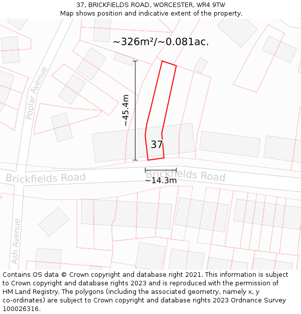 37, BRICKFIELDS ROAD, WORCESTER, WR4 9TW: Plot and title map